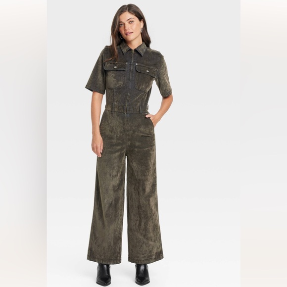 Universal Thread Dark Olive Short Sleeve Flocked Denim Jumpsuit - Picture 1 of 10
